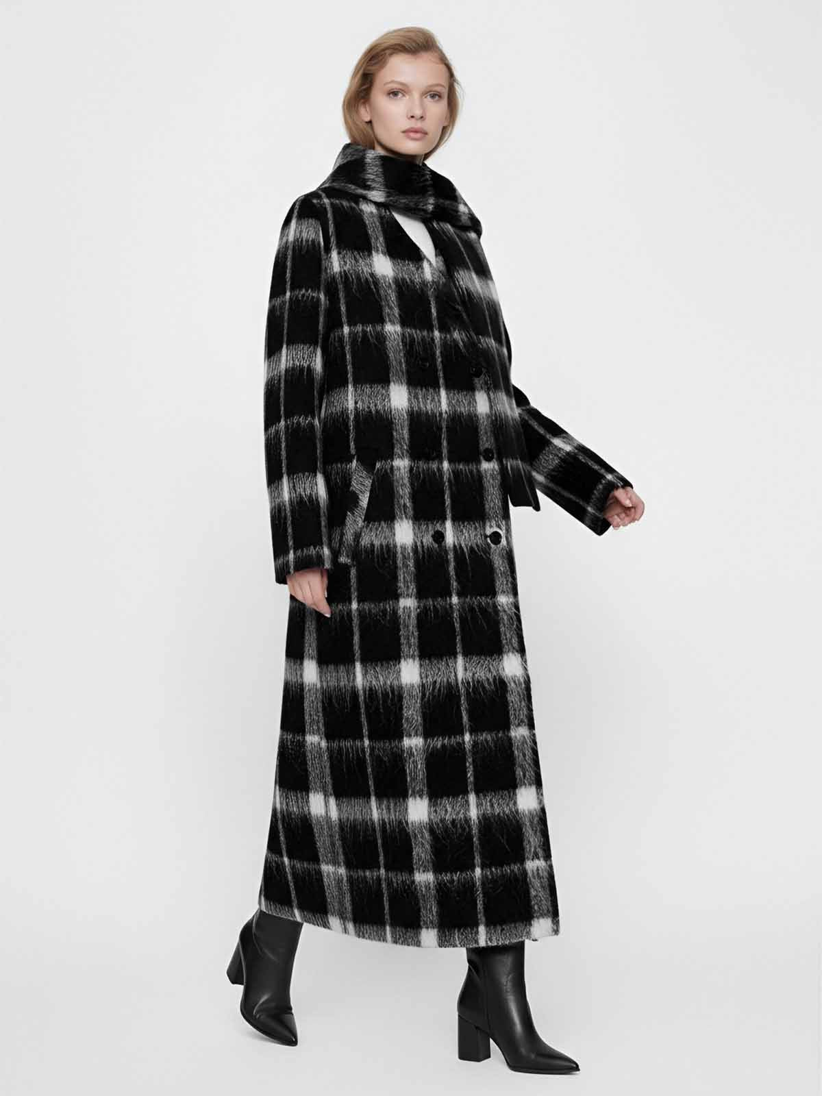 ASOBIO Checked Double-Faced Wool Long Coat with Removable Scarf