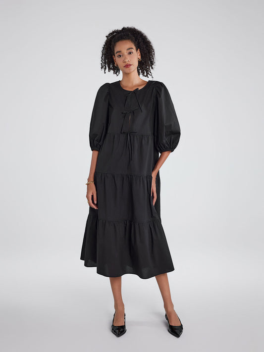 Bow Tie Front Tiered Midi Dress in Black