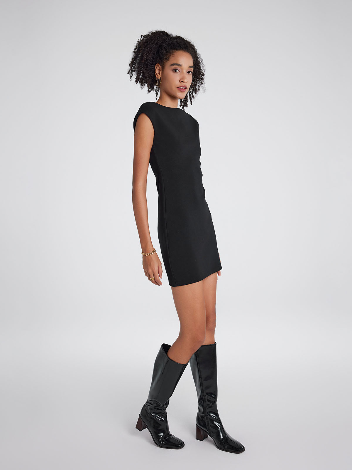 Boatneck Rib-Knit Short-Sleeve Mini Dress