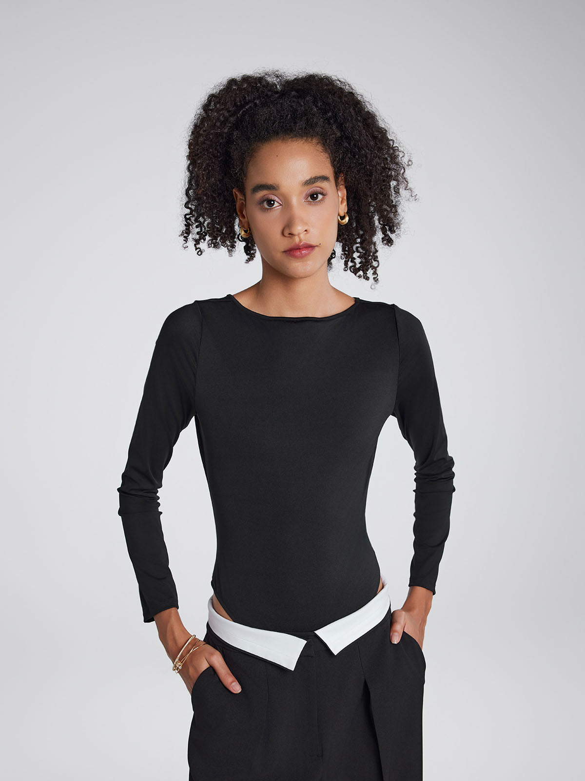 Body-hugging boatneck long-sleeve bodysuit