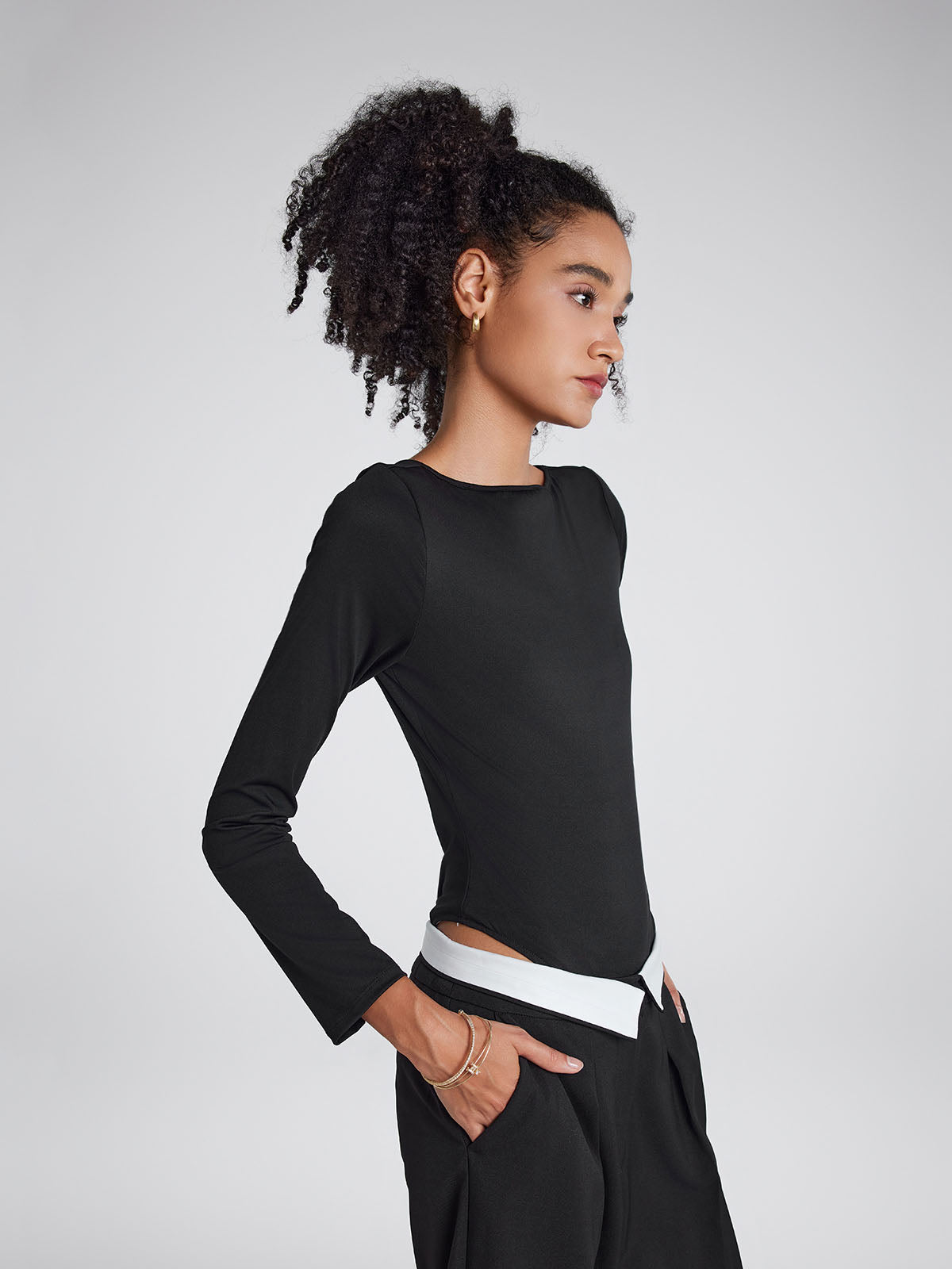 Long-sleeve boatneck bodysuit with thong-cut bottom