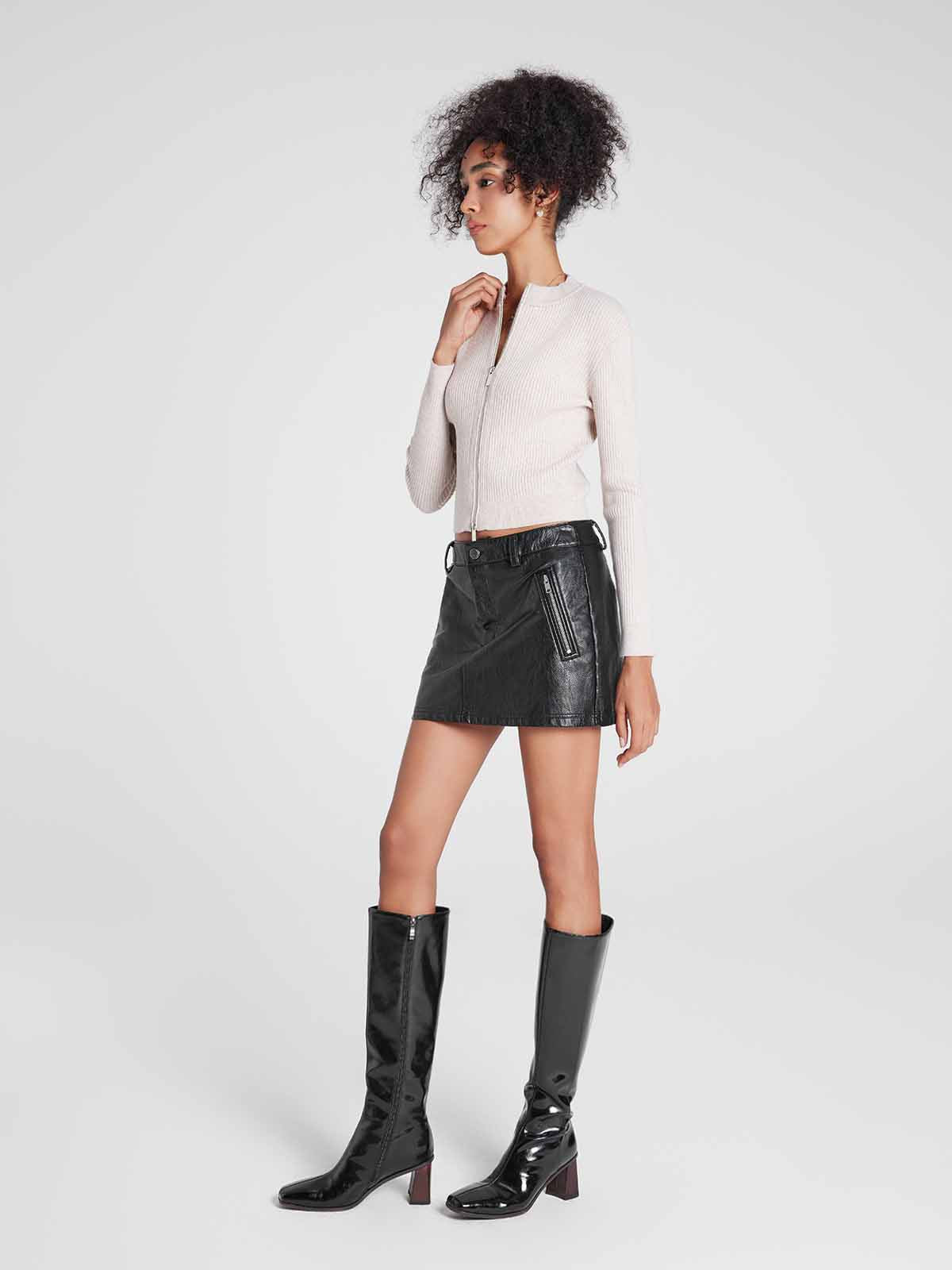 ASOBIO Mid-Low Vintage PU Textured Mini Skirt