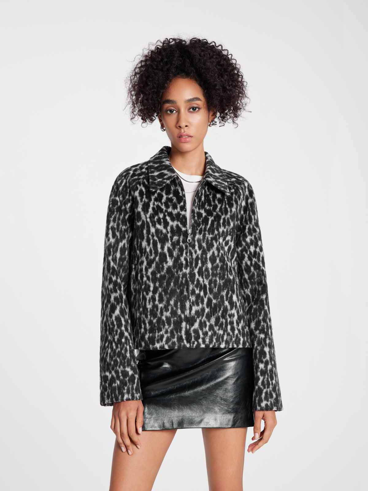 ASOBIO Cropped Leopard Woolen Zip-Up Jacket