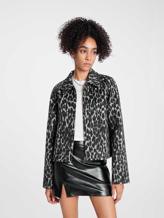 ASOBIO Cropped Leopard Woolen Zip-Up Jacket