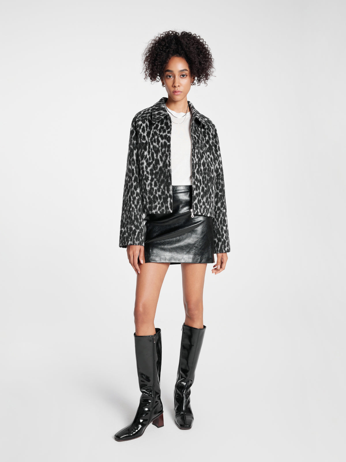 ASOBIO Cropped Leopard Woolen Zip-Up Jacket