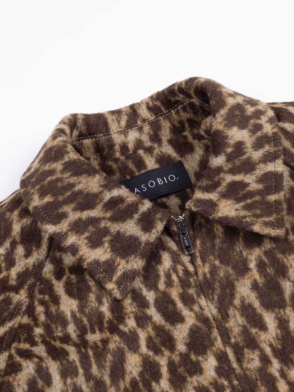 ASOBIO Cropped Leopard Woolen Zip-Up Jacket