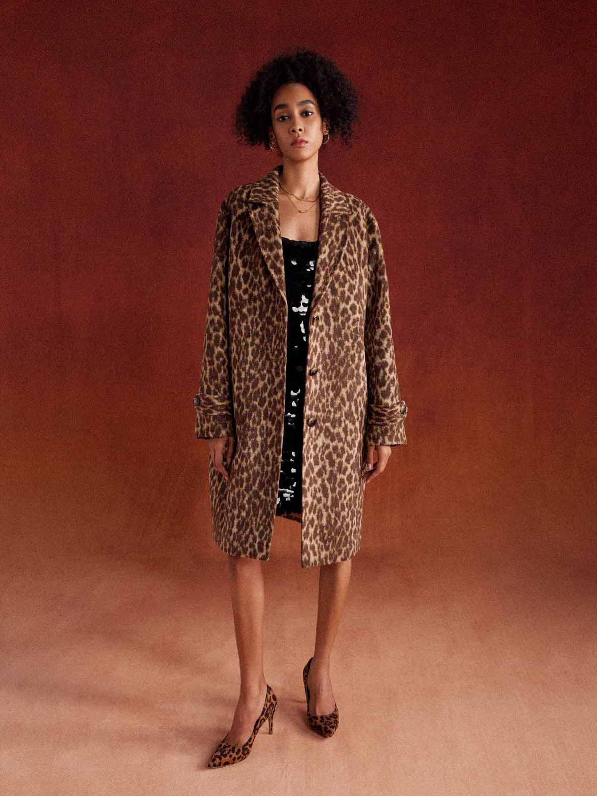 ASOBIO Retro Woolen Leopard Print Jacquard Coat