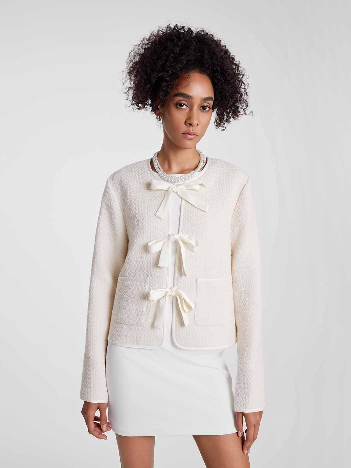 ASOBIO French Wool Bow Tie Cropped Jacket