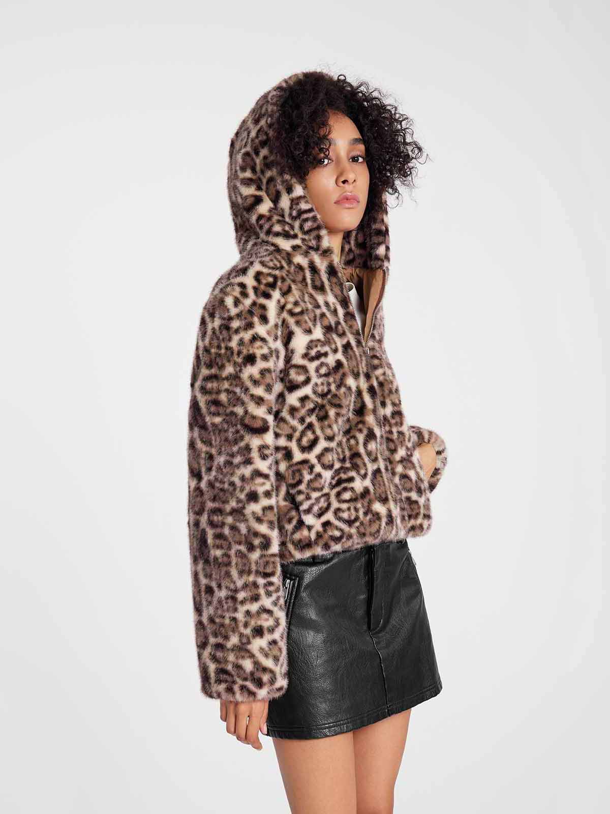 ASOBIO Leopard Print Faux Mink Hooded Jacket