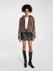 ASOBIO Leopard Print Faux Mink Hooded Jacket