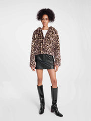 ASOBIO Leopard Print Faux Mink Hooded Jacket