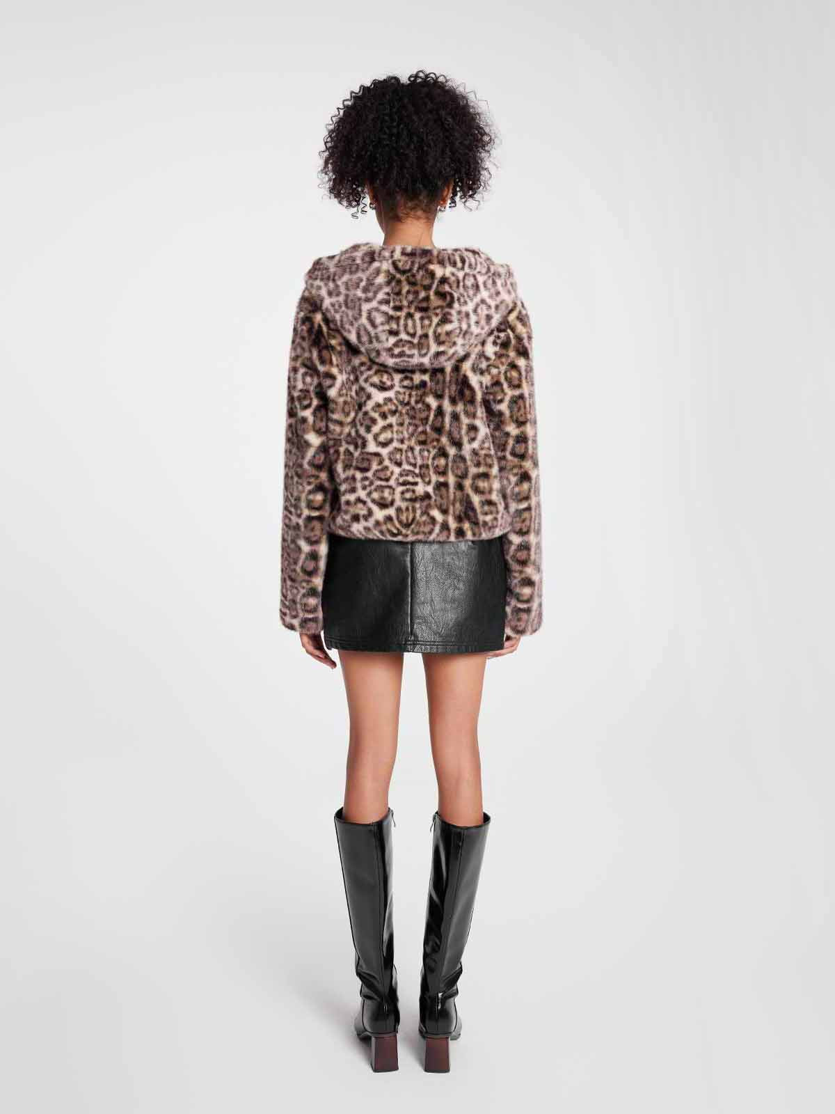 ASOBIO Leopard Print Faux Mink Hooded Jacket