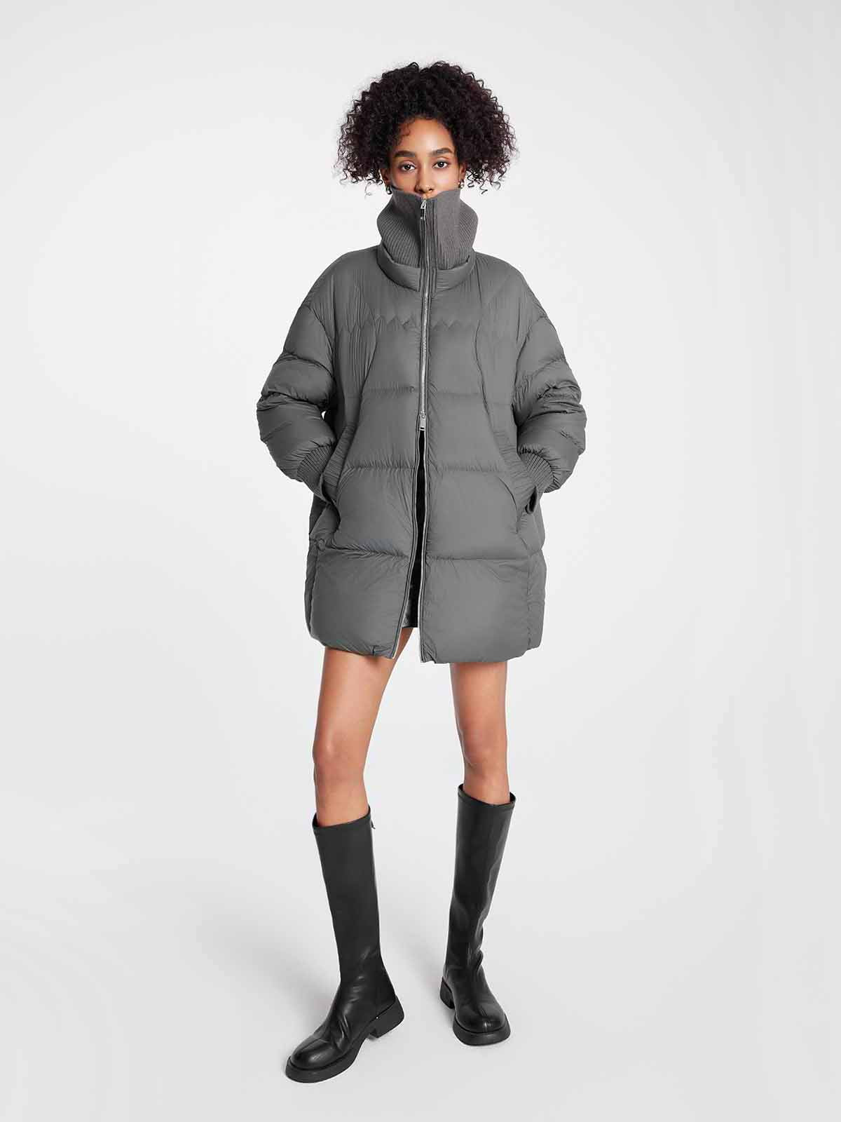 ASOBIO Knit Collar Mid-Length A-Line Down Jacket