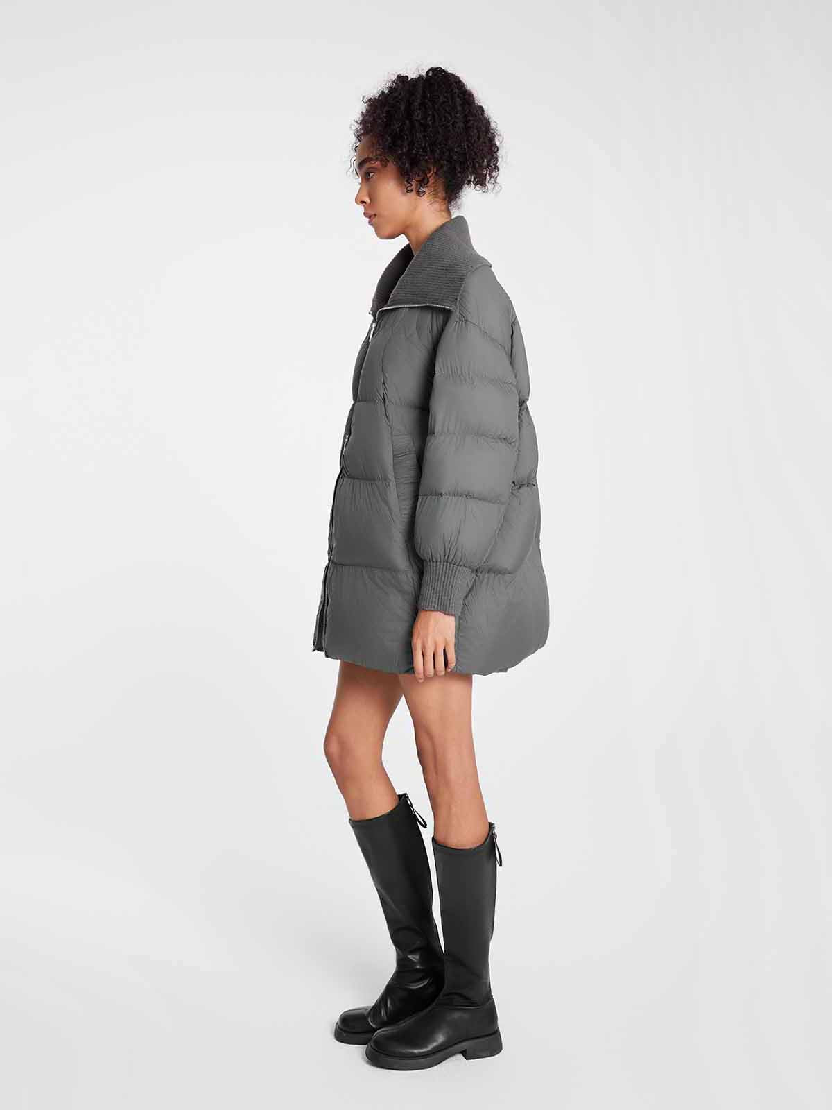 ASOBIO Knit Collar Mid-Length A-Line Down Jacket