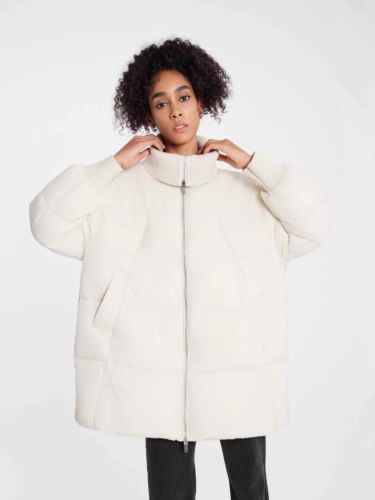 ASOBIO Knit Collar Mid-Length A-Line Down Jacket