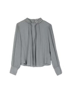 ASOBIO Long-Sleeve Pleated Stand Collar Textured Blouse