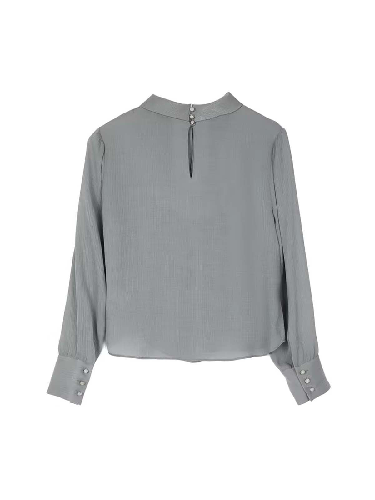 ASOBIO Long-Sleeve Pleated Stand Collar Textured Blouse