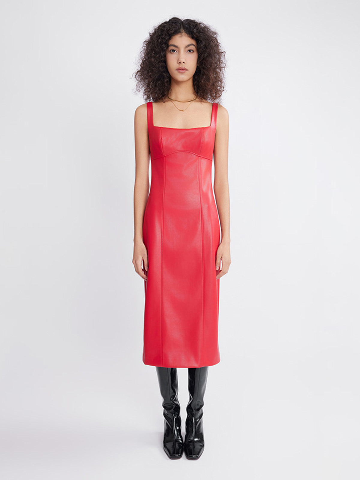 ASOBIO Square Neck Faux Leather Midi Dress