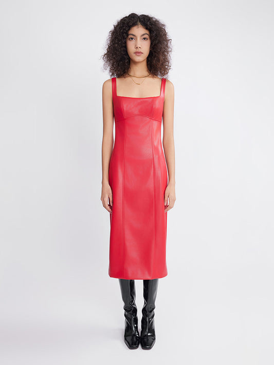 ASOBIO Square Neck Faux Leather Midi Dress