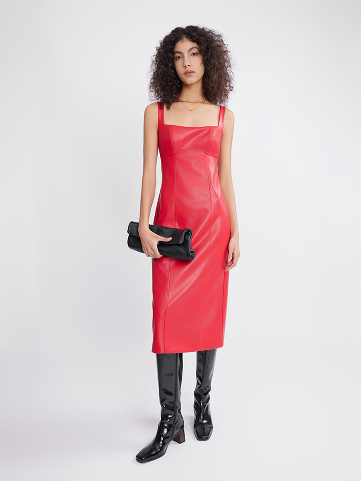 ASOBIO Square Neck Faux Leather Midi Dress