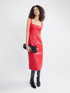 ASOBIO Square Neck Faux Leather Midi Dress