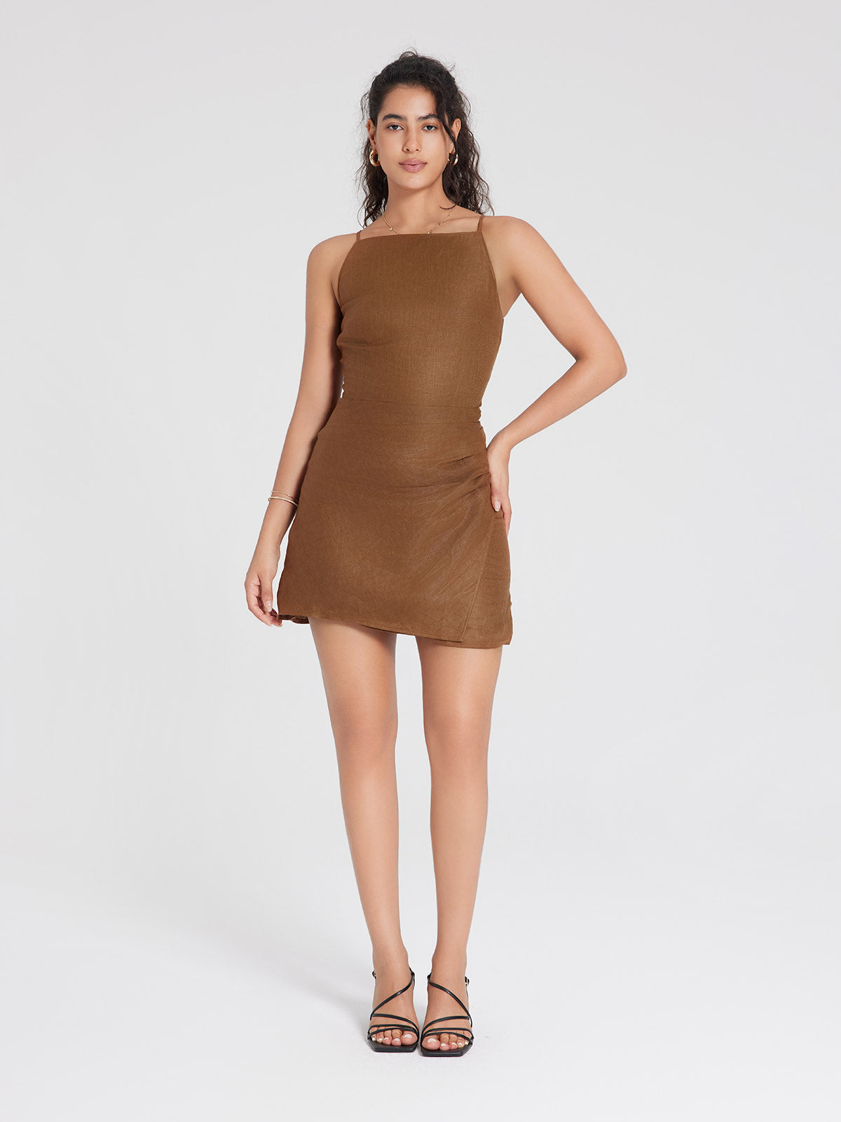 ASOBIO 100% Linen Faux-Wrap Mini Dress
