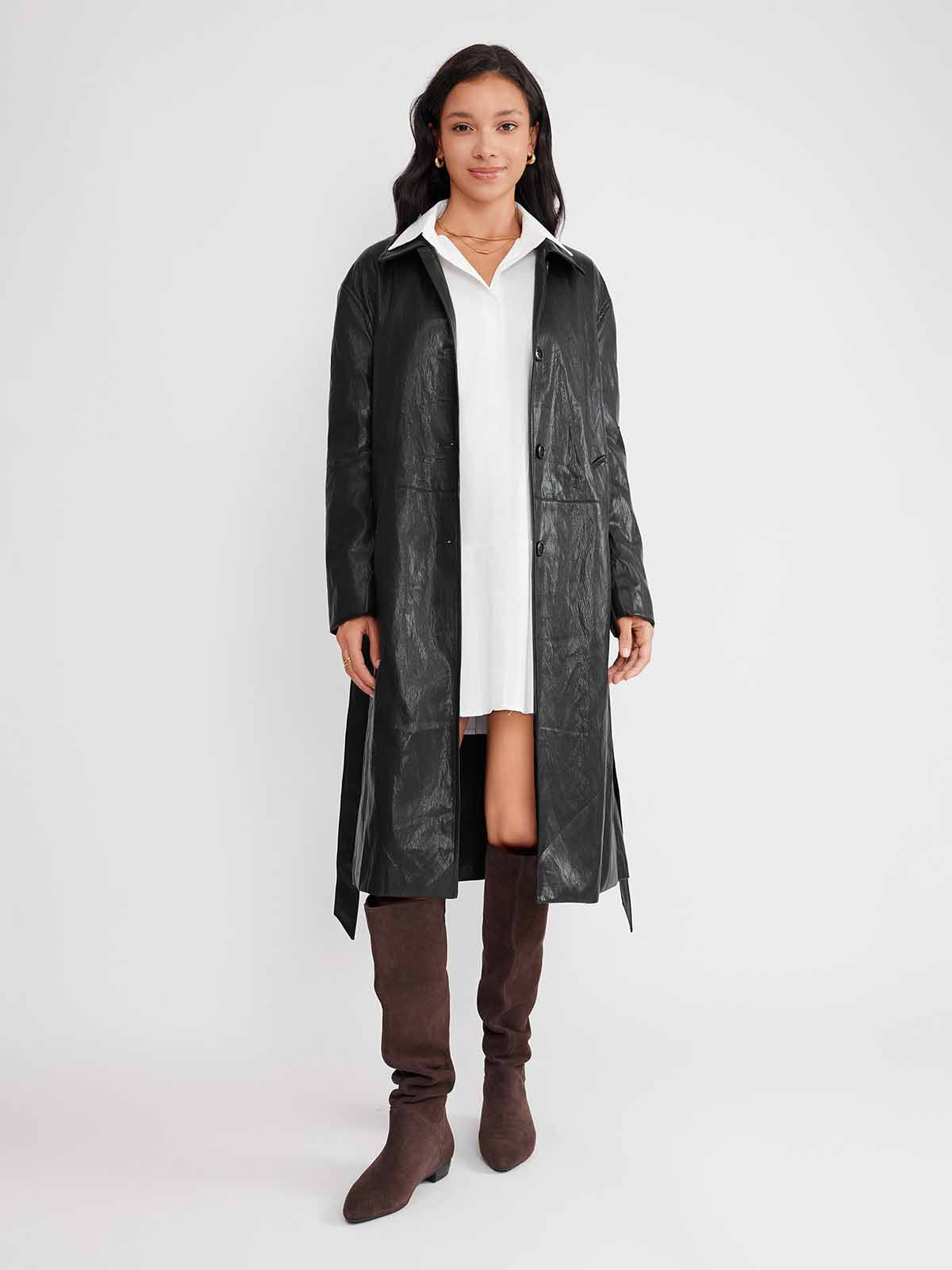 ASOBIO Vegan Leather Longline Trench Coat