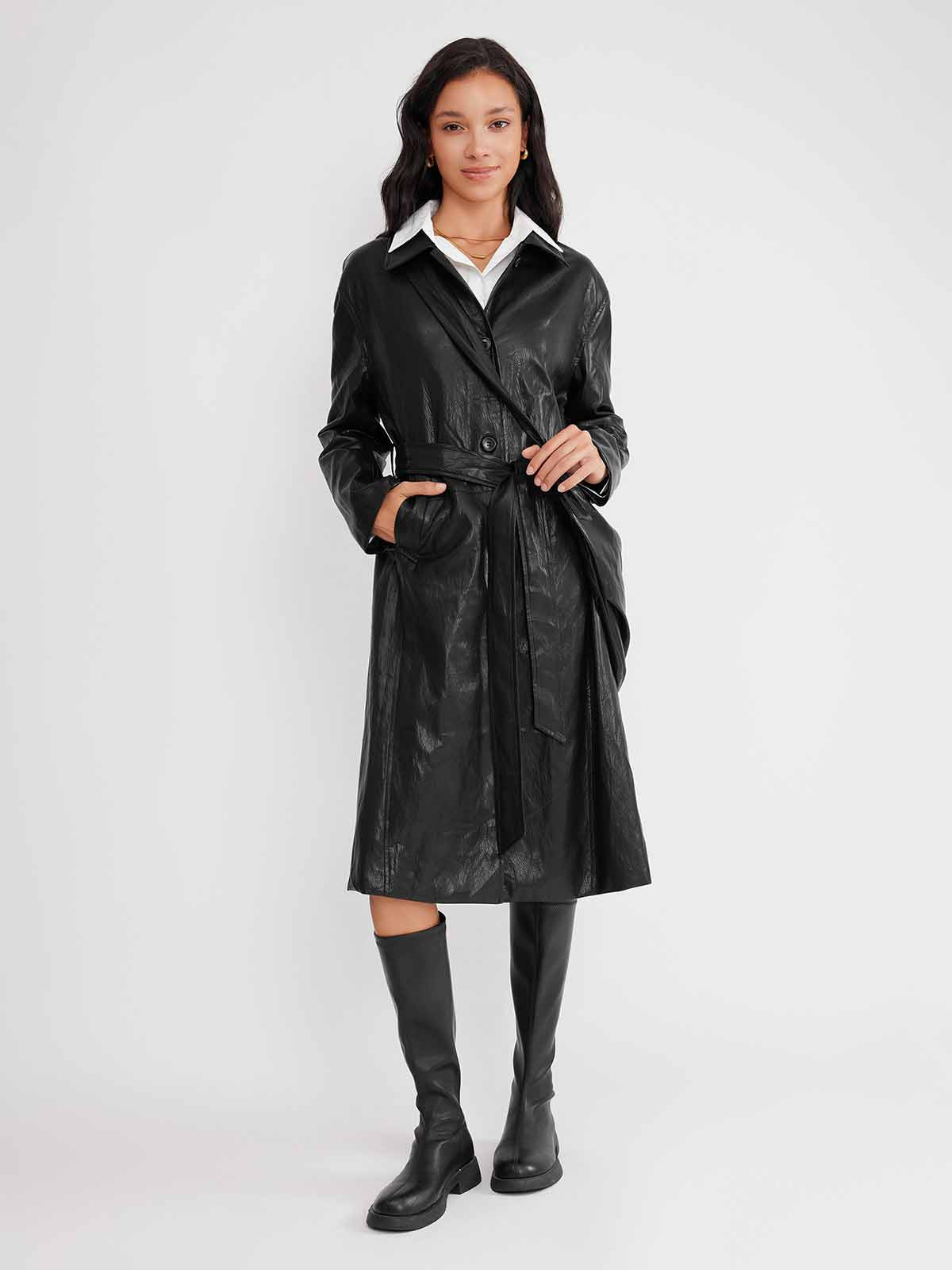 ASOBIO Vegan Leather Longline Trench Coat
