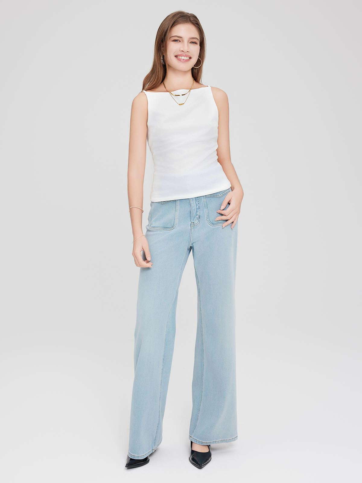 ASOBIO Sleeveless Boatneck Crepe Top