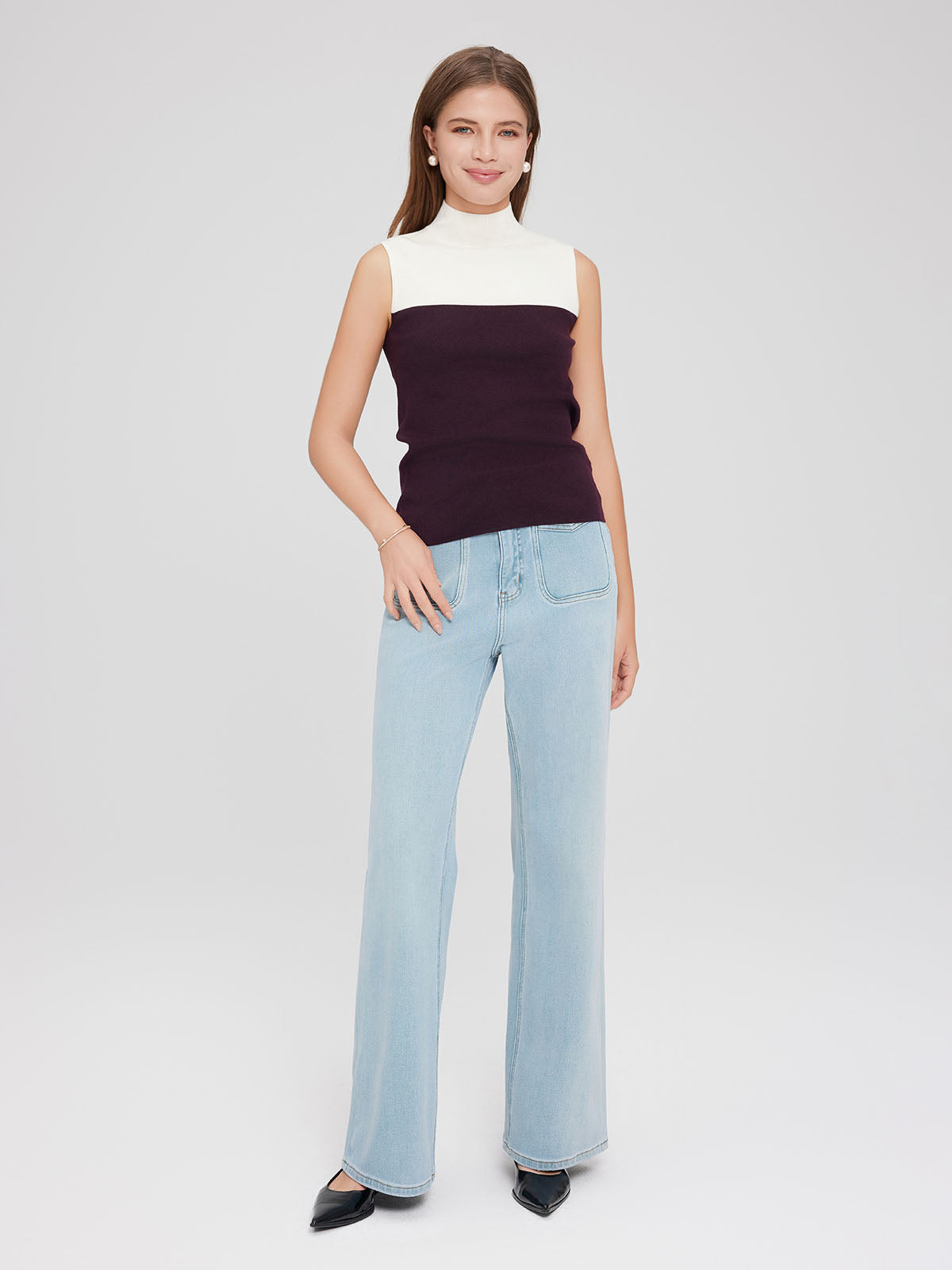 ASOBIO Wool Blend Colorblock Mockneck Knit Top