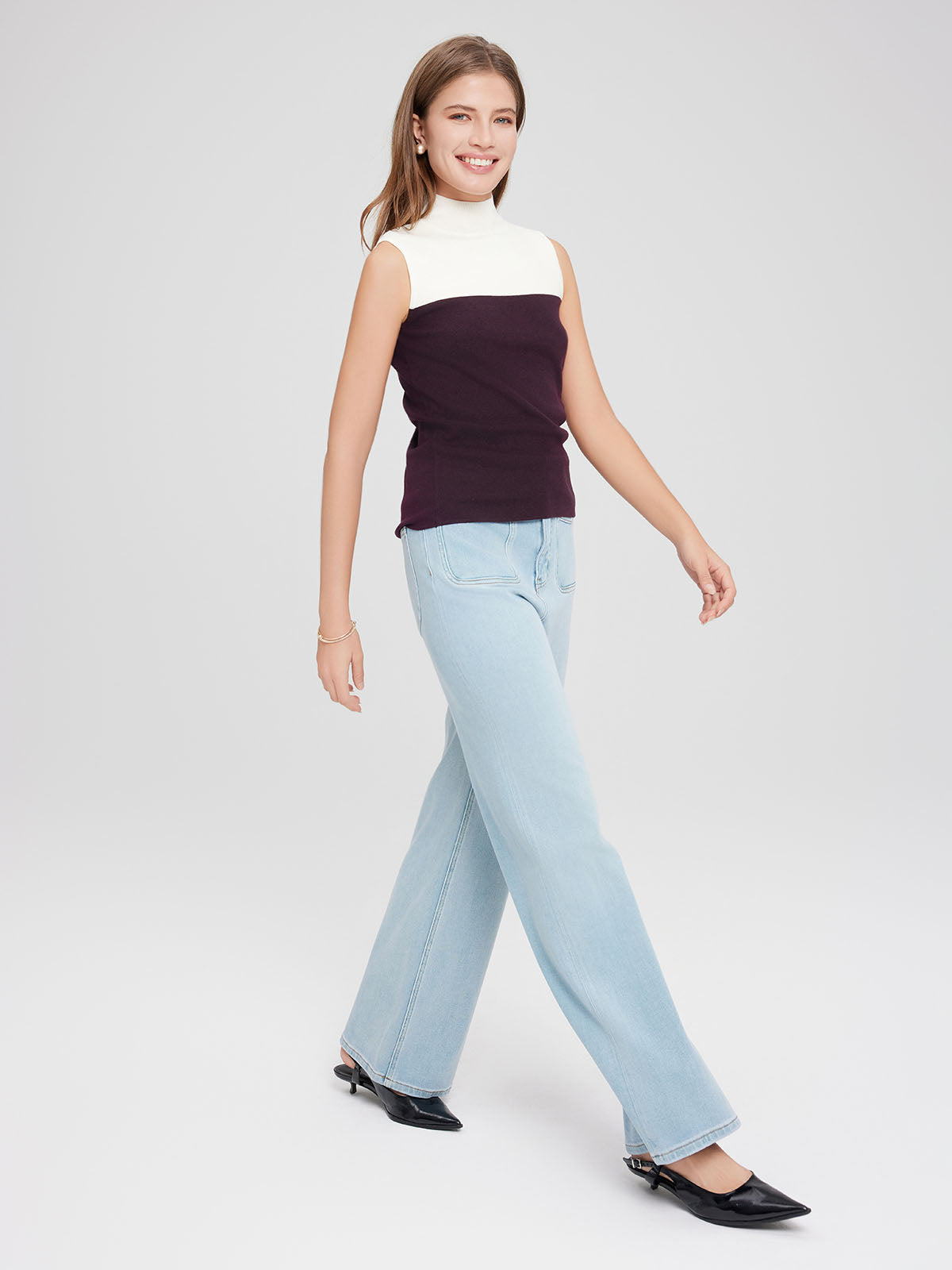 ASOBIO Wool Blend Colorblock Mockneck Knit Top