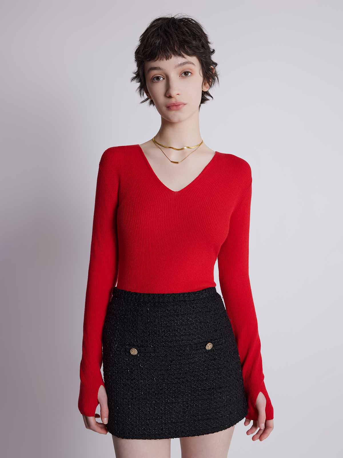 Lightweight merino V-Neck Ribbed Wool Knit Top