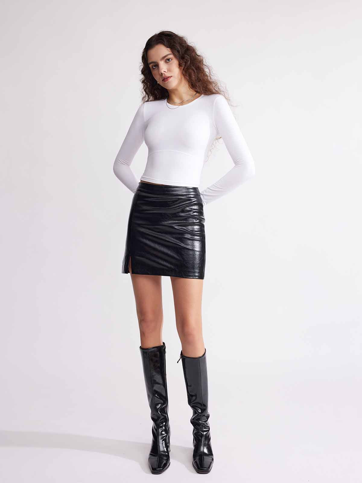 ASOBIO Mid-High Waisted Stretch Leather Mini Skirt