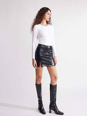 ASOBIO Mid-High Waisted Stretch Leather Mini Skirt