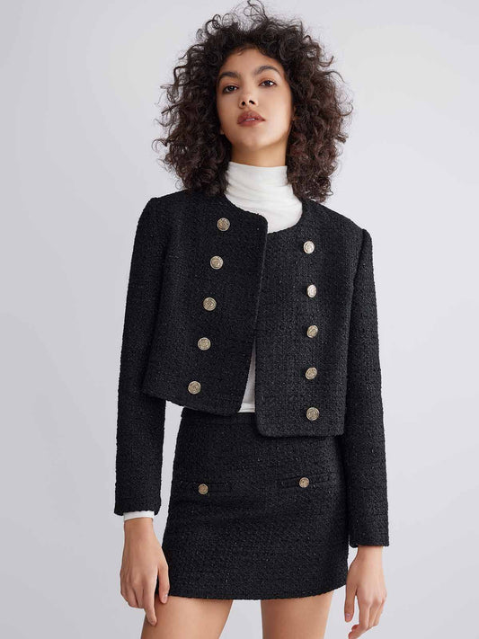 ASOBIO Double-Breasted Cropped Tweed Jacket