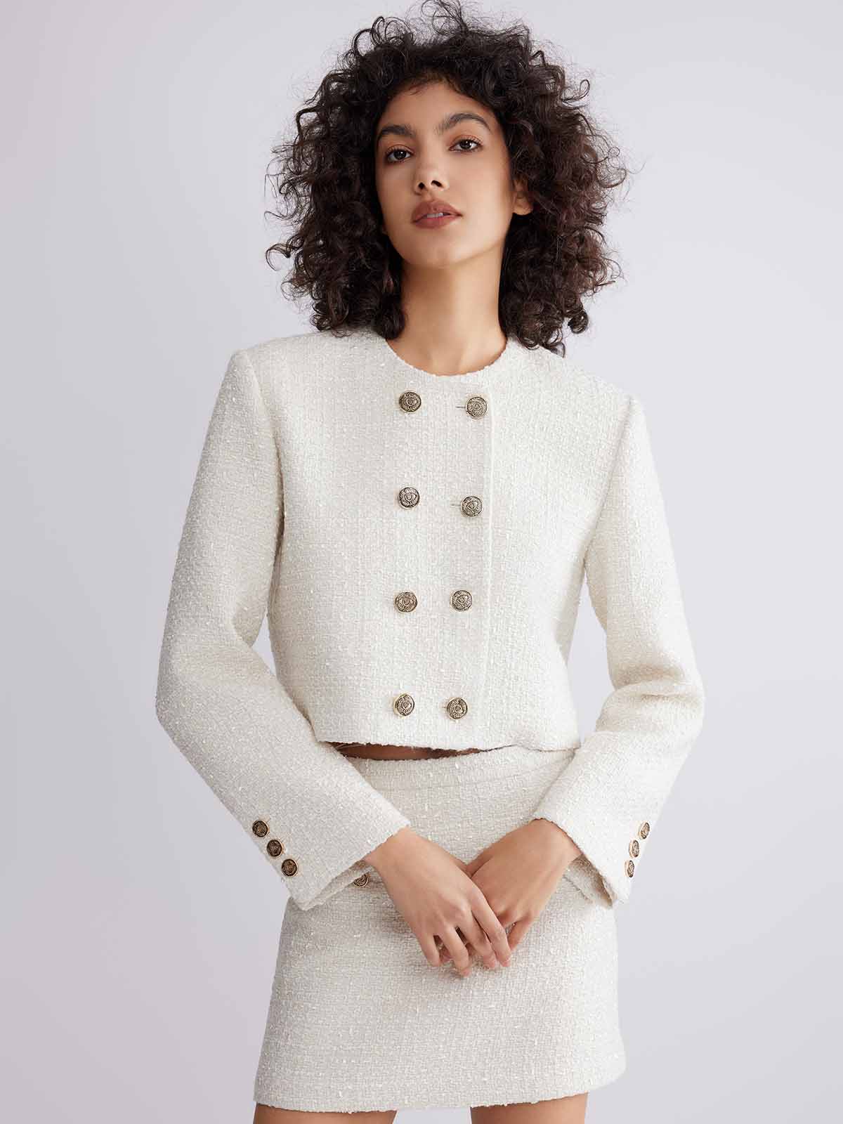 ASOBIO Double-Breasted Cropped Tweed Jacket