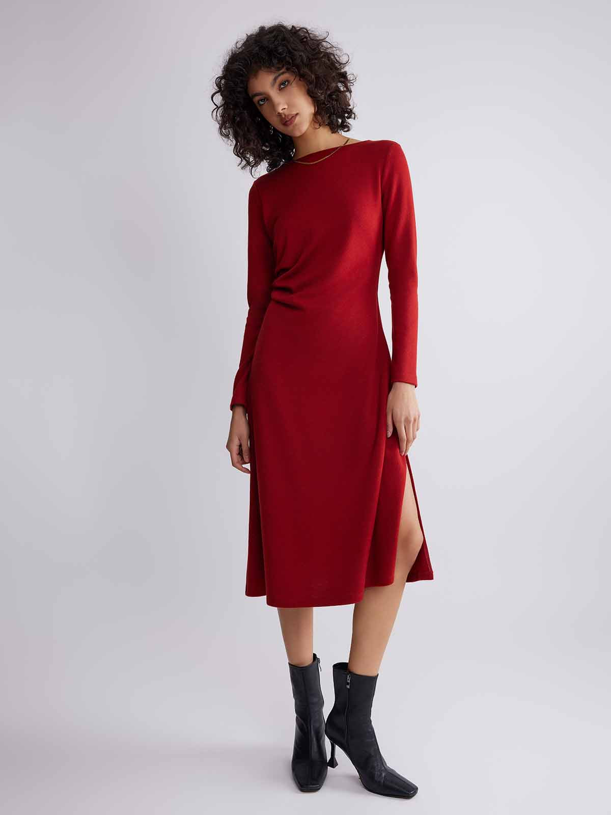 ASOBIO Boat Neck Long-Sleeve Pleated Midi Dress