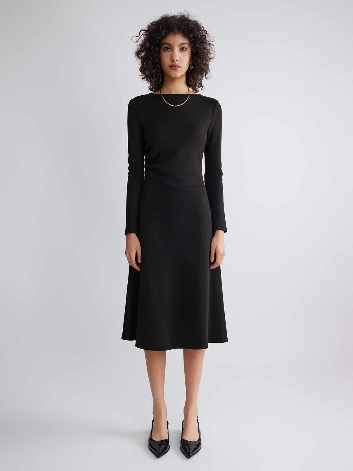 ASOBIO Boat Neck Long-Sleeve Pleated Midi Dress