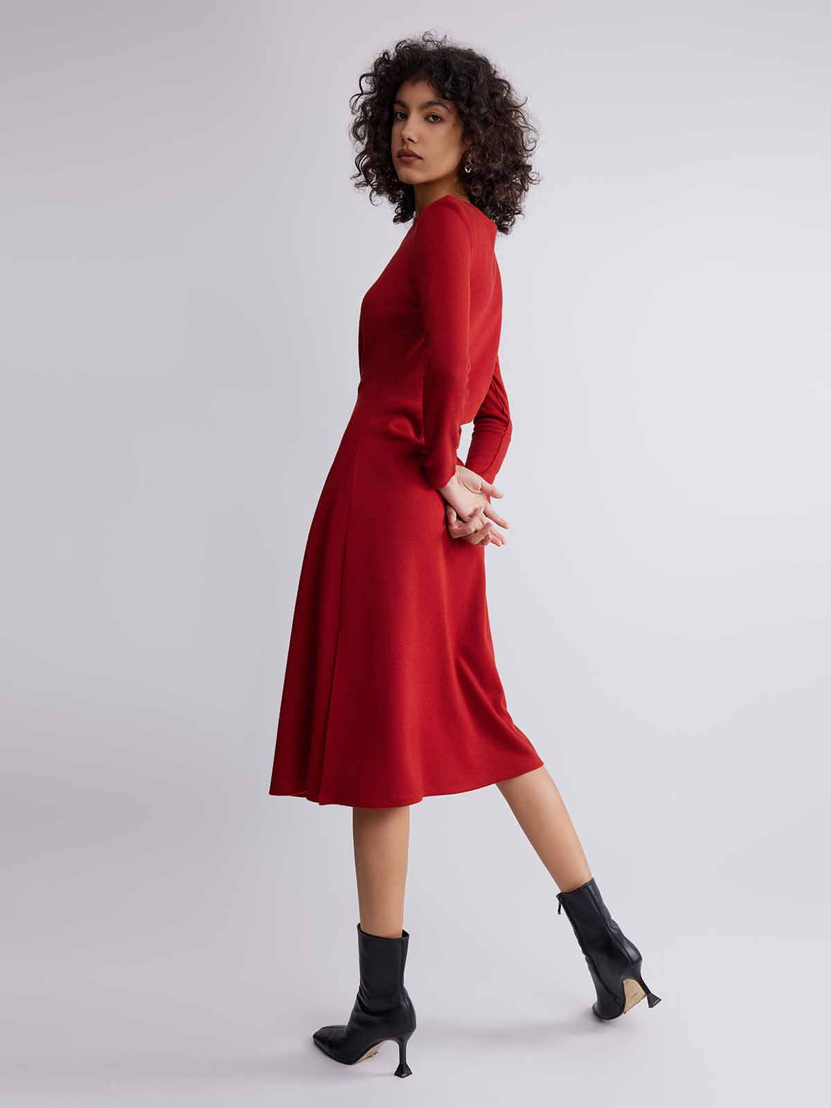 ASOBIO Boat Neck Long-Sleeve Pleated Midi Dress