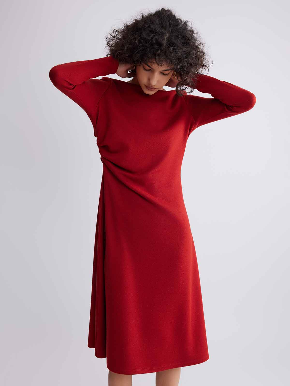 ASOBIO Boat Neck Long-Sleeve Pleated Midi Dress