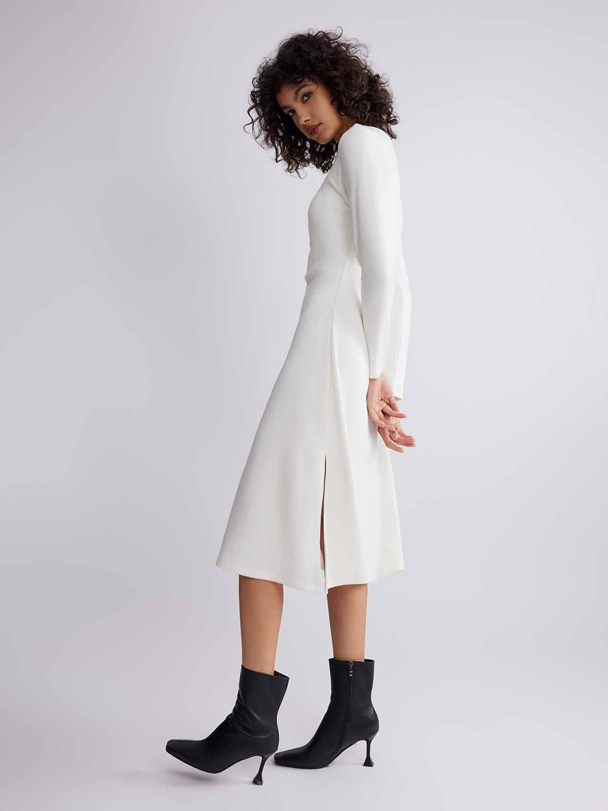 ASOBIO Boat Neck Long-Sleeve Pleated Midi Dress