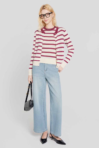 ASOBIO Striped Button Knit Top