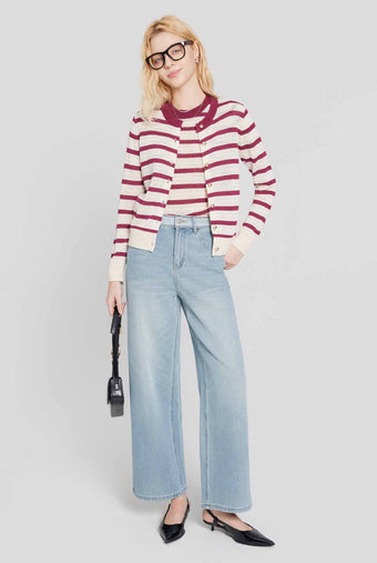 ASOBIO Striped Button Knit Top
