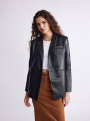 Double-breasted Lapel Neck PU Leather Blazer