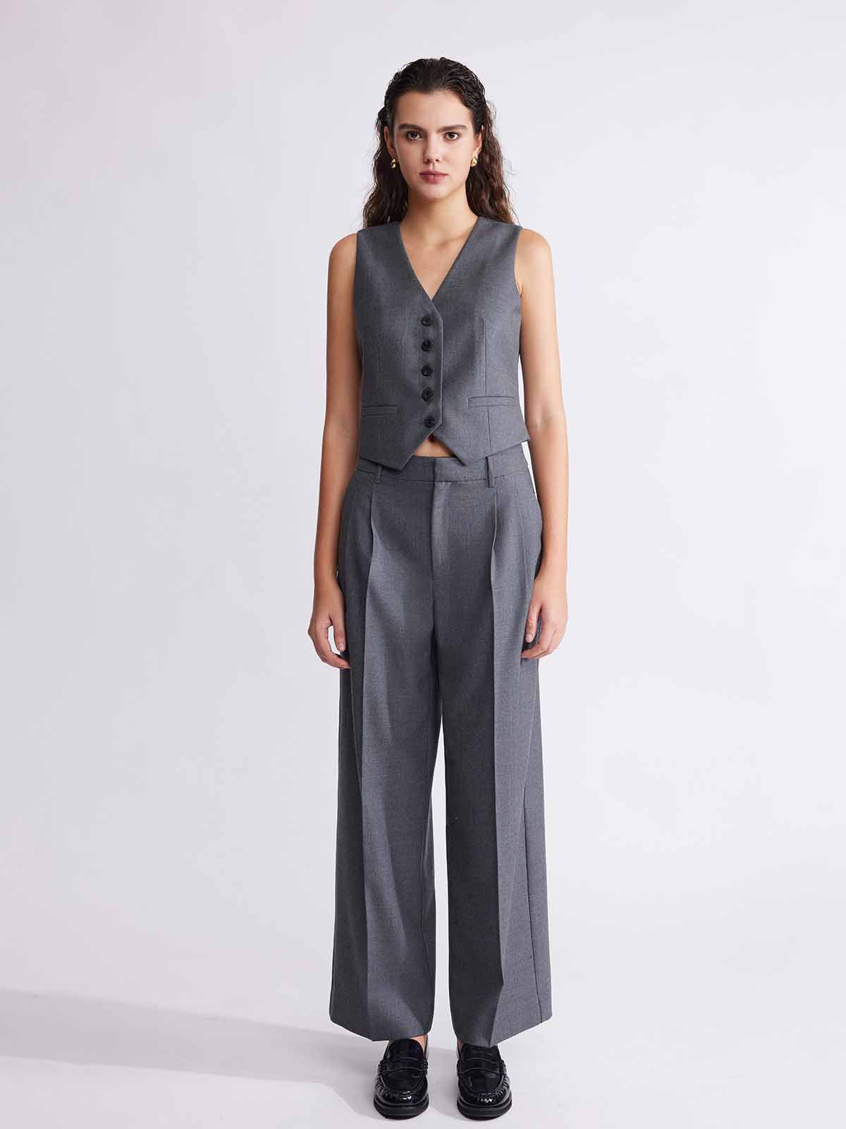 ASOBIO Wool Blend Mid-Rise Pleated Wide-Leg Trousers