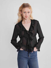 Frenchy V-Neck Chiffon Ruffle Blouse