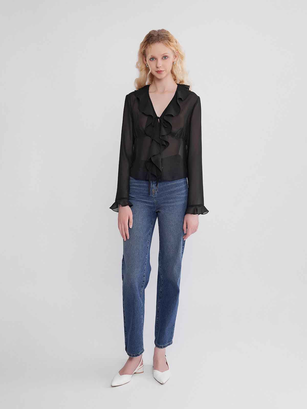 Frenchy V-Neck Chiffon Ruffle Blouse