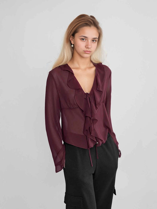 ASOBIO Frenchy V-Neck Chiffon Ruffle Blouse