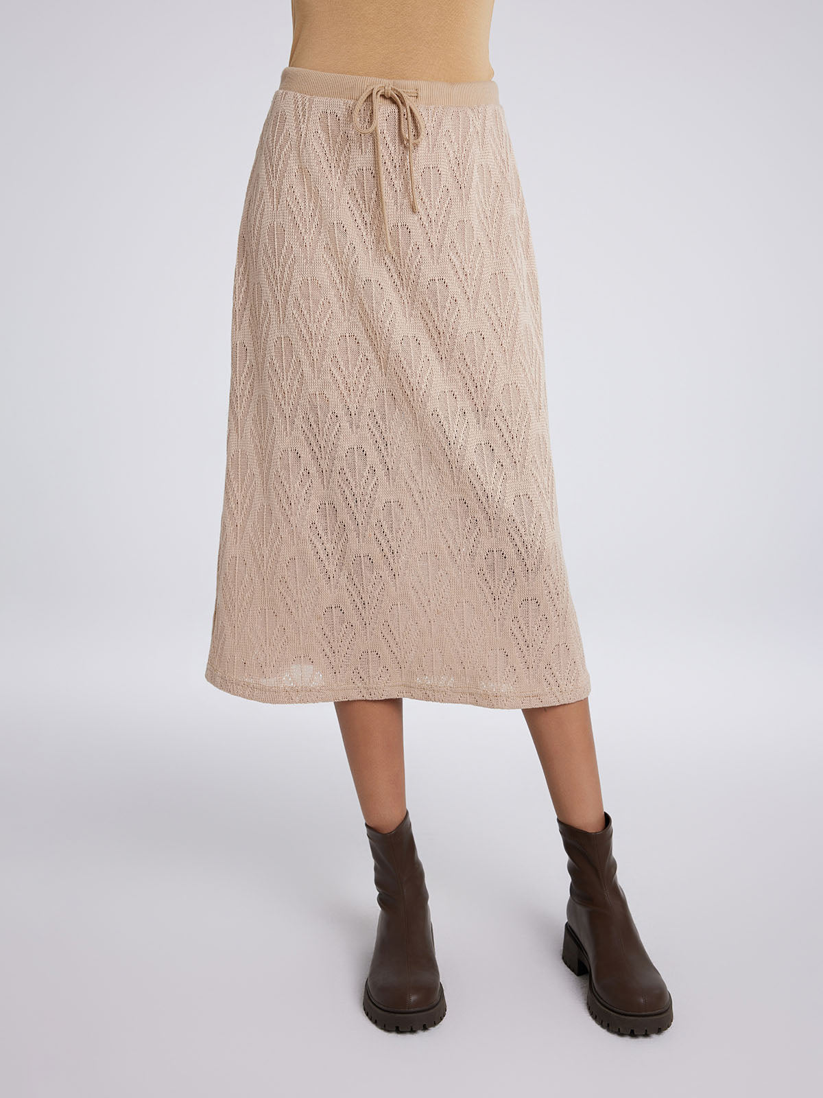 High-rise hollow knit midi skirt with ribbed waist