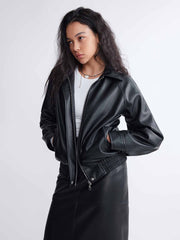 PU Leather Small Lapel Bomber Jacket